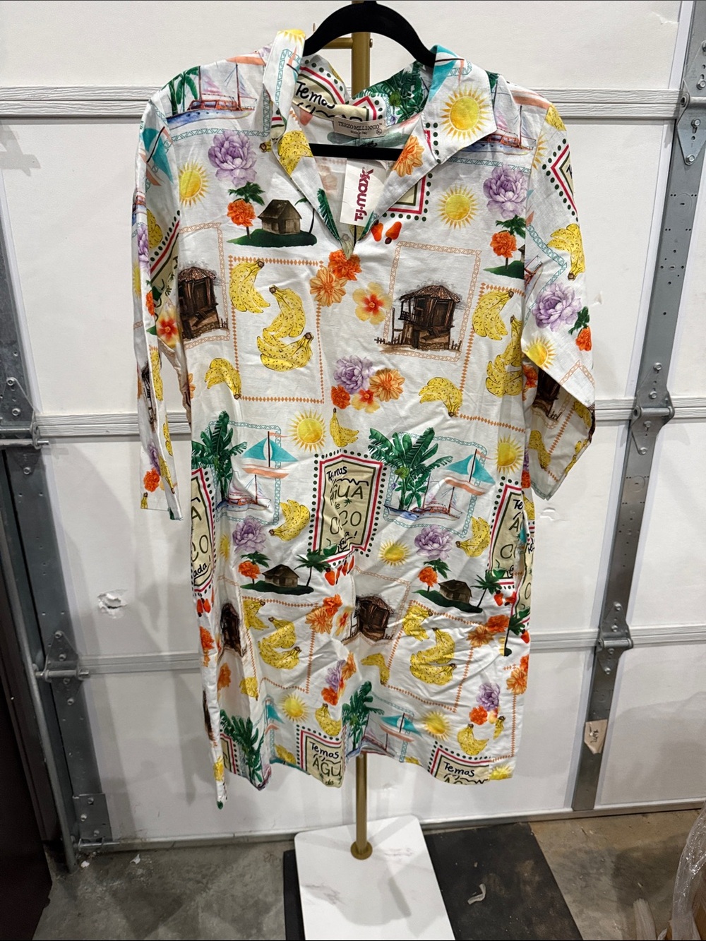 Temas White Tropical-Print Midi Dress